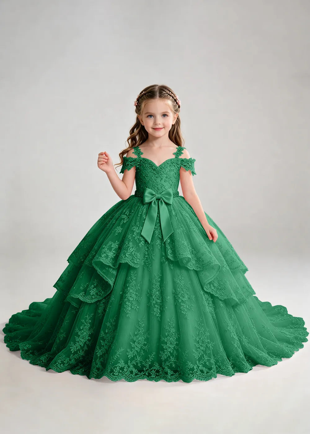 Bow Waist Floral Lace Flower Girl Ball Gown Dress