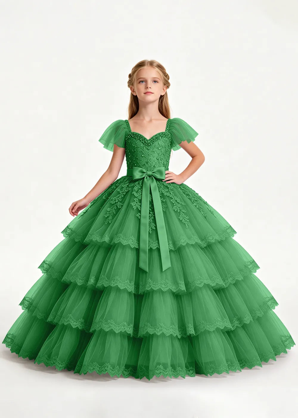 Navy Four-Tier Flower Girl Gown with Front Bow