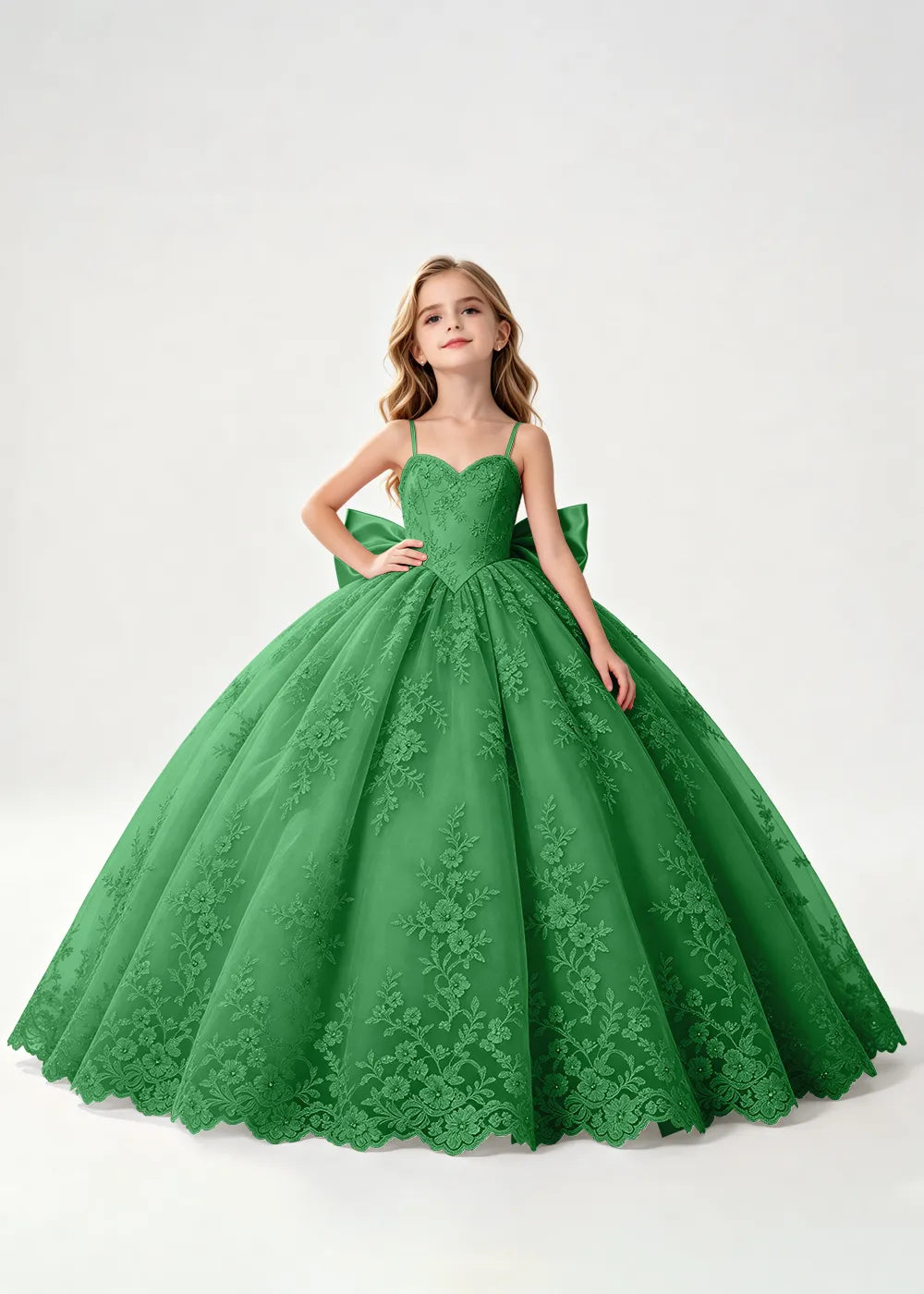 Flower girl dress in Green, front view.