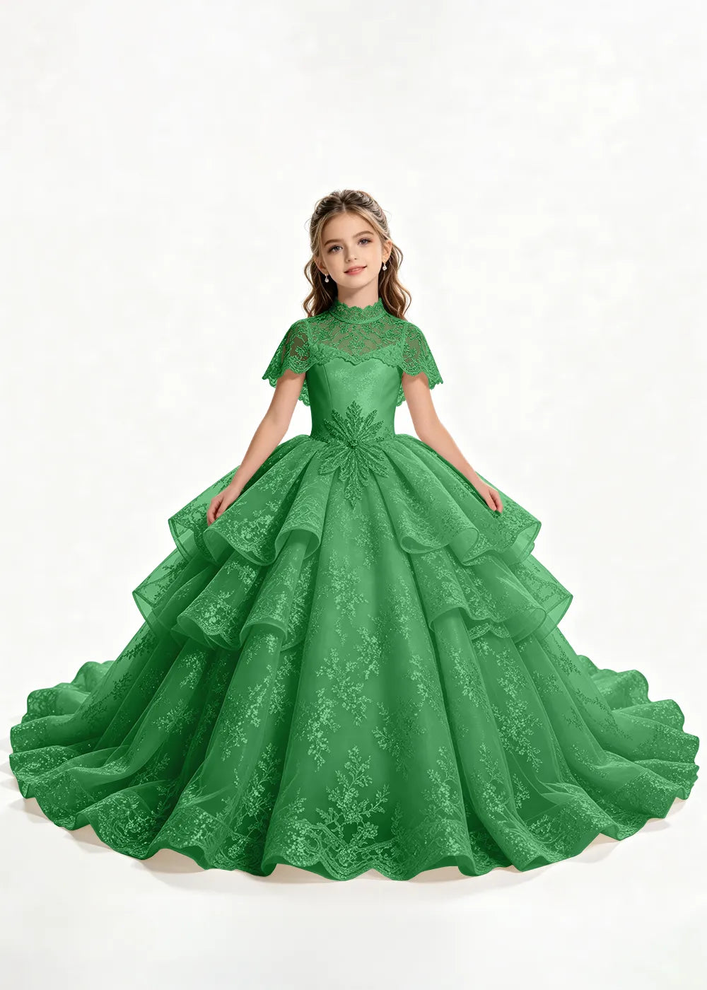 Flower girl dress in Green, front view.