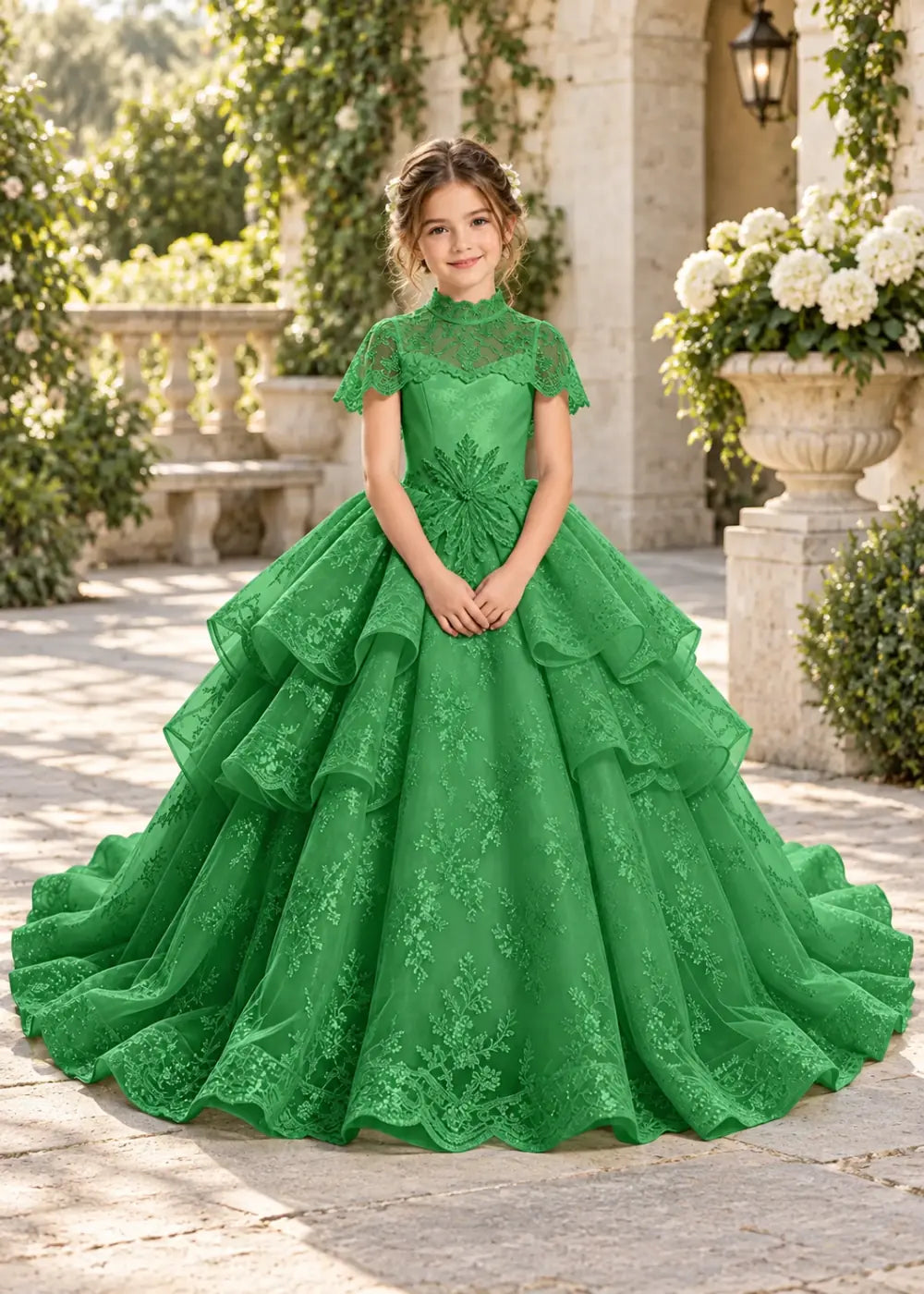 Flower girl dress in Green, front view.