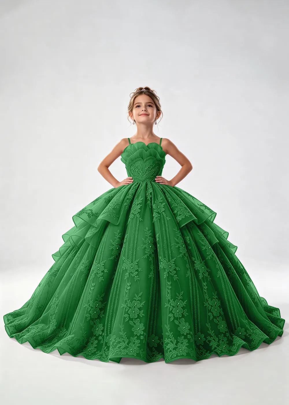 Flower girl dress in Green, front view.