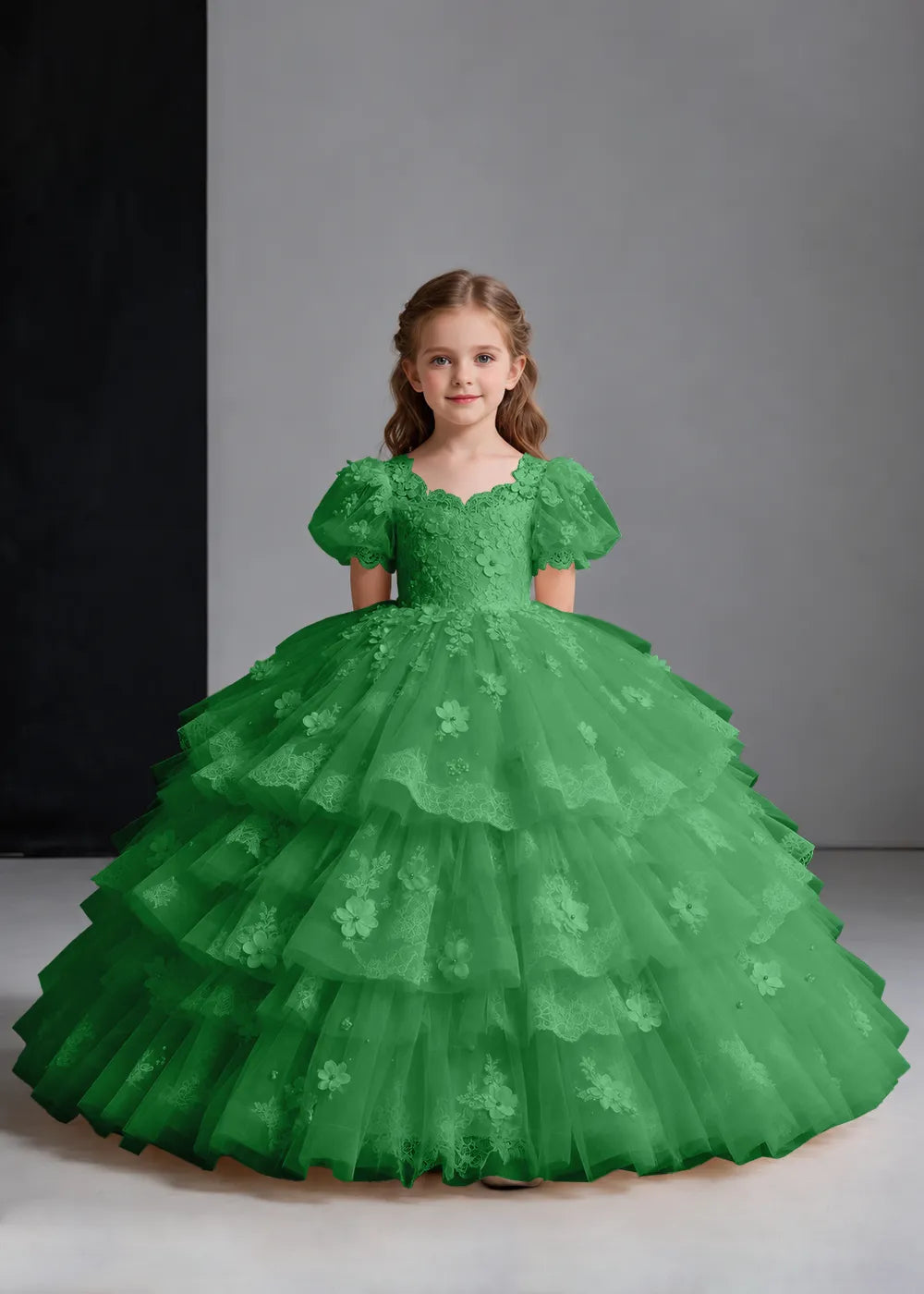 Flower girl dress in Green, front view.