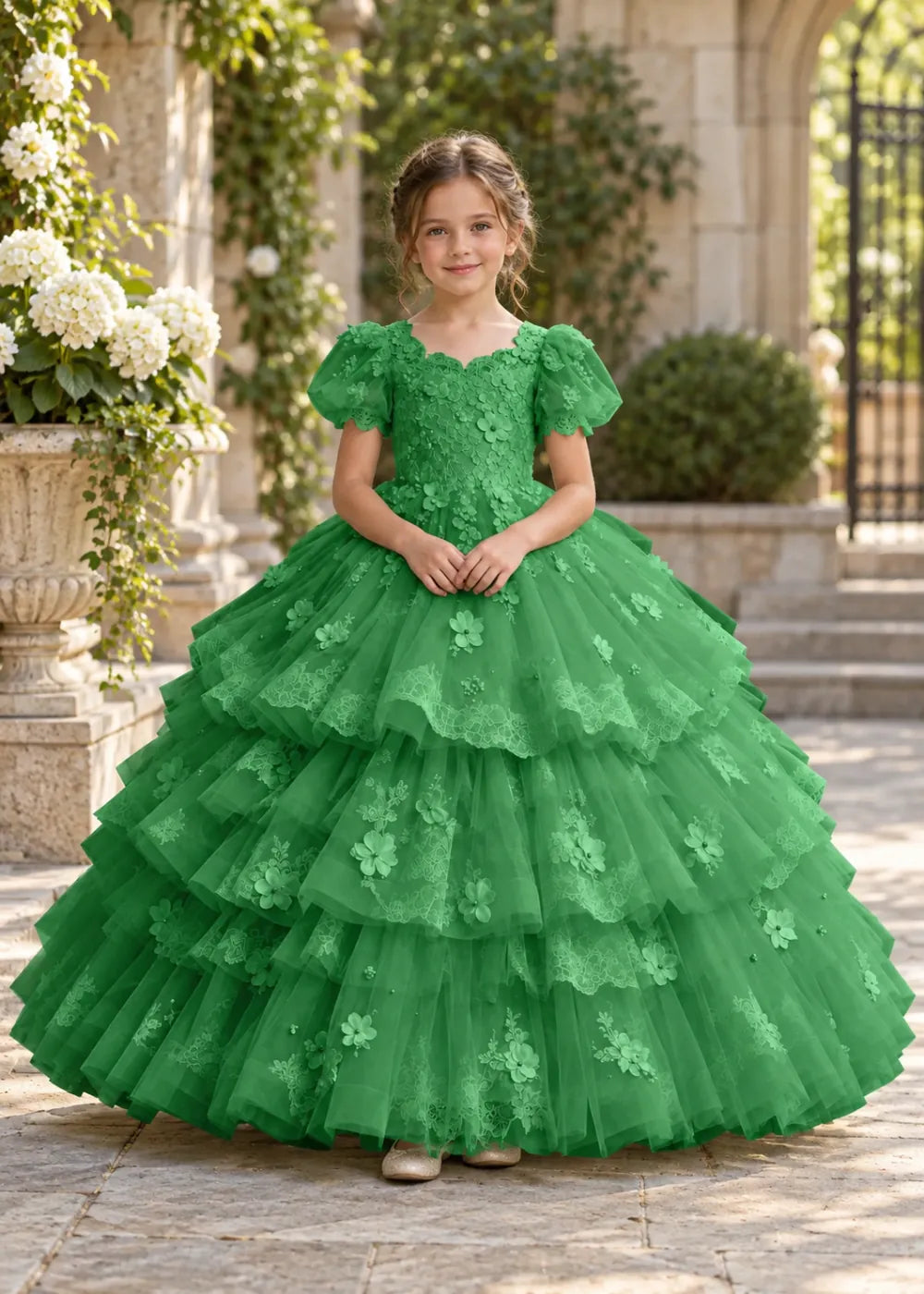Flower girl dress in Green, front view.