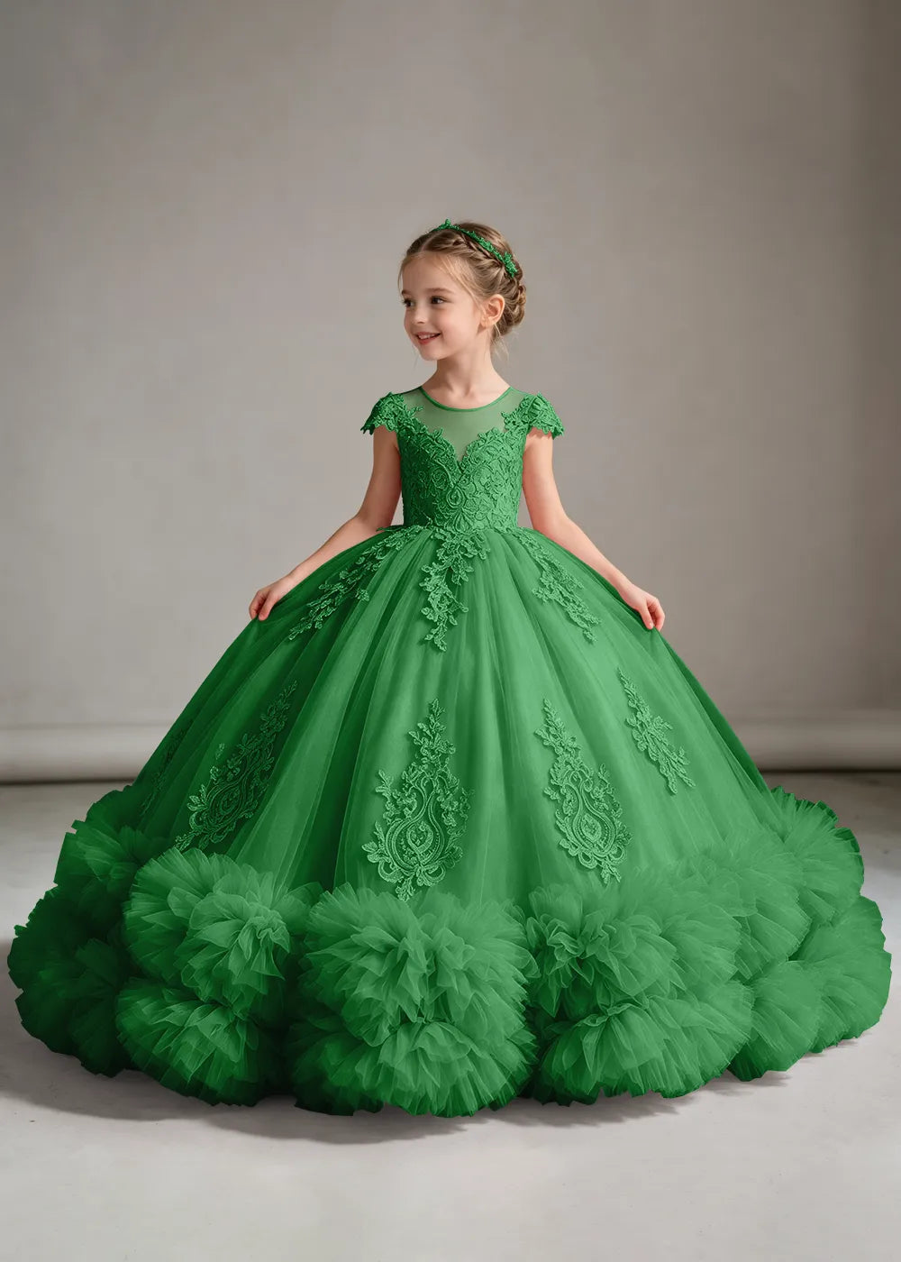 Navy Flower Girl Ball Gown with Floral Bodice and Ruffle Hem