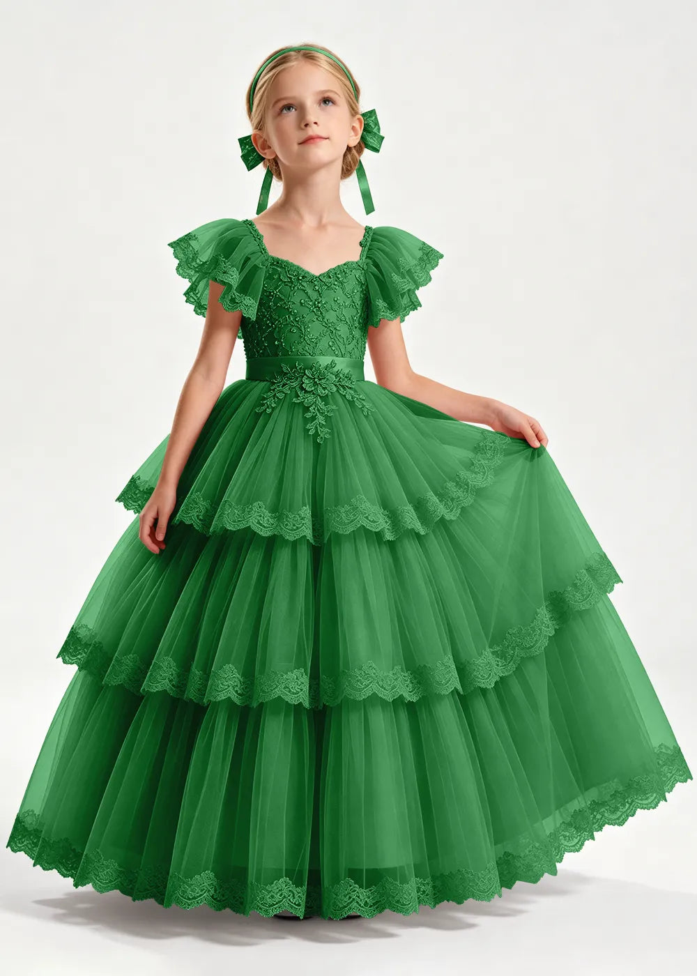 Navy Flower Girl Ball Gown with Three Lace-Edged Tiers