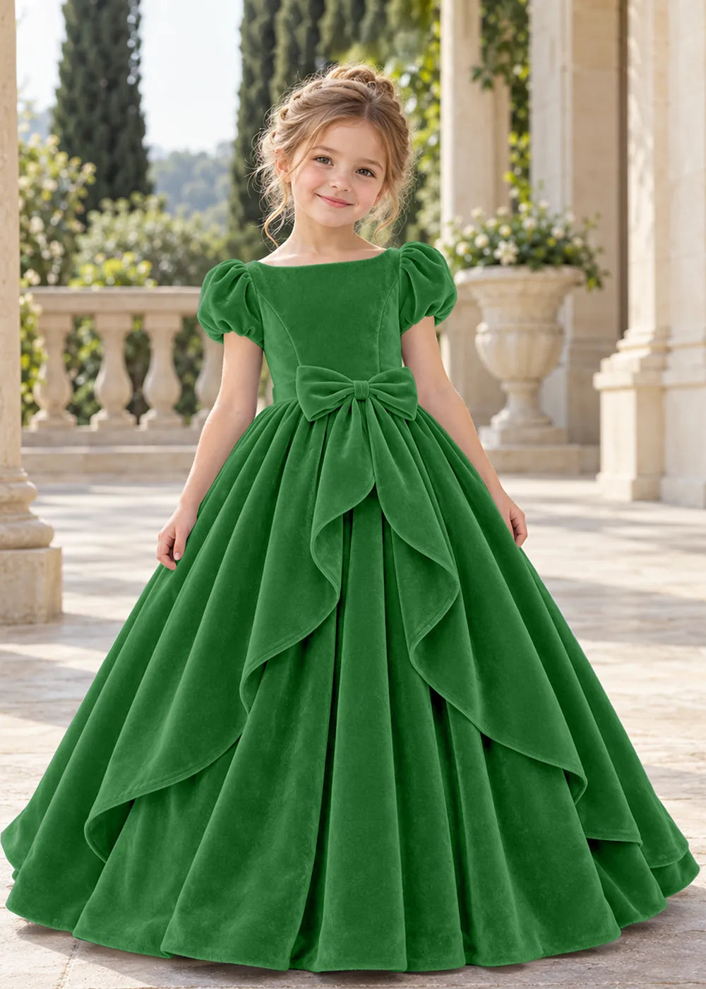 Front view of a child wearing a green flower girl dress with a square neckline, short puff sleeves and a large velvet bow above a full tiered skirt.