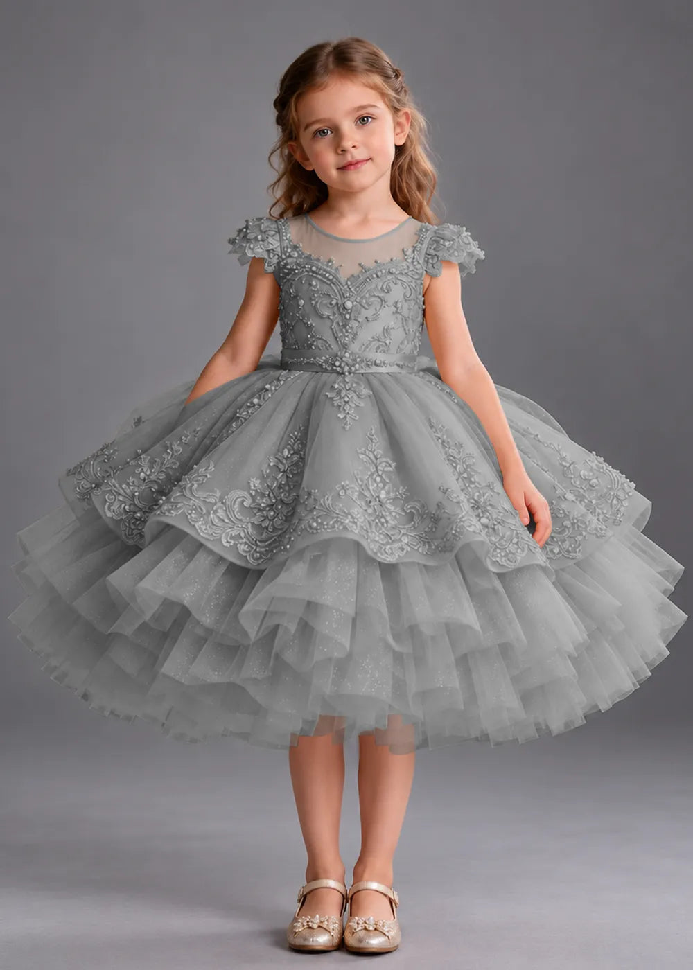Navy Blue Flower Girl Dress with Beaded Lace and Short Ruffle Skirt
