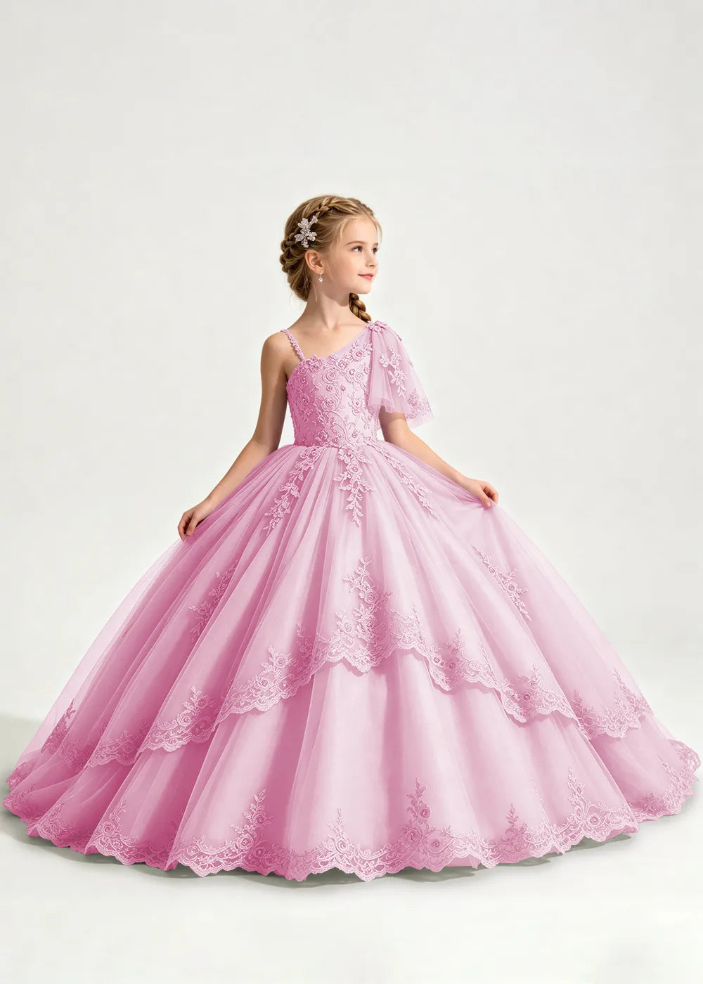 One-Shoulder Floral Lace Flower Girl Ball Gown Dress