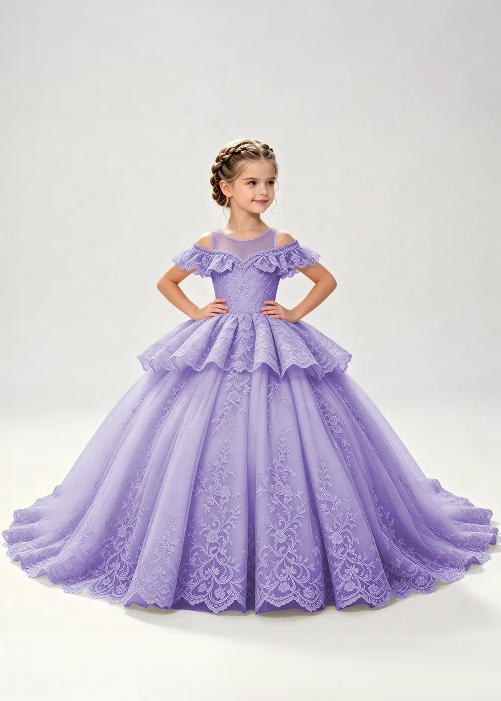 Illusion Neck Tiered Lace Flower Girl Ball Gown Dress