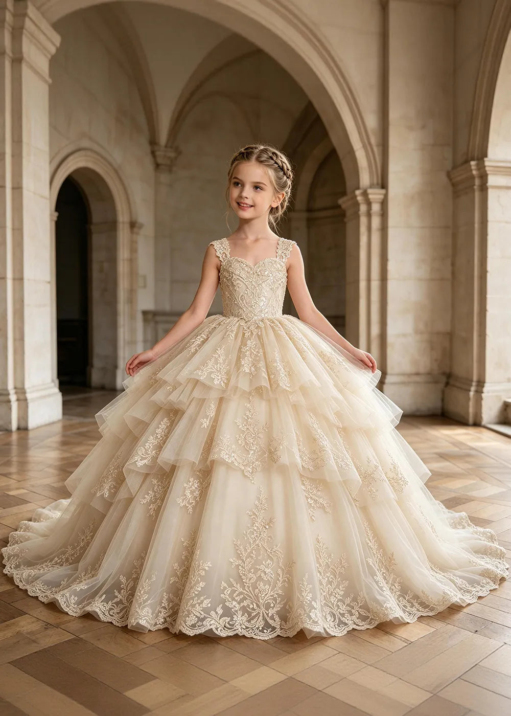 Tiered Lace Sleeveless Flower Girl Ball Gown Dress