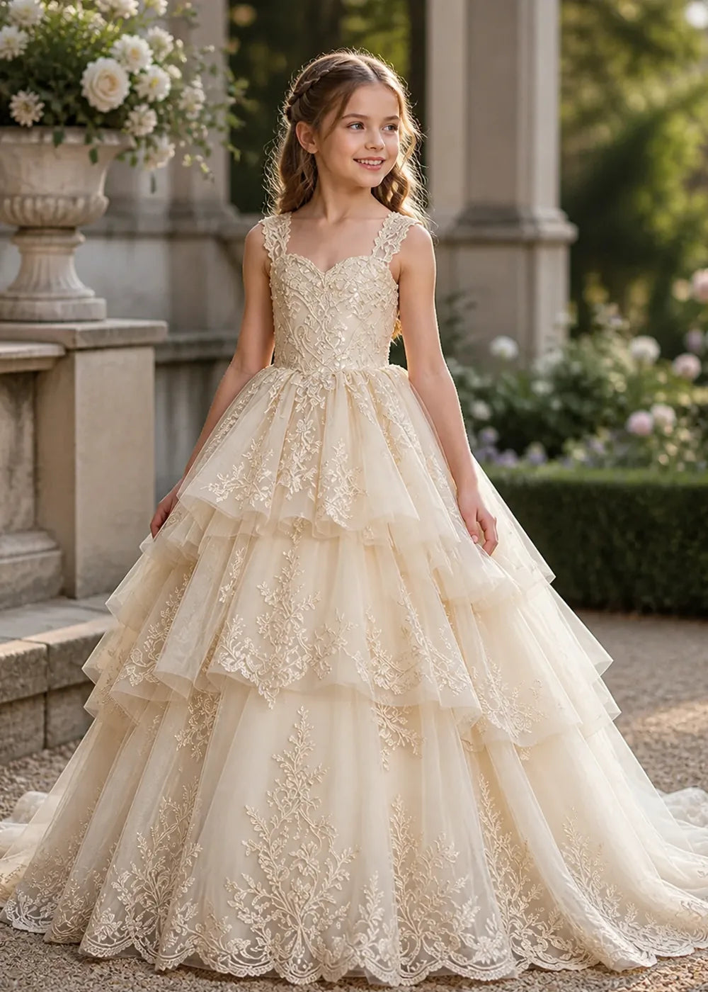 Tiered Lace Sleeveless Flower Girl Ball Gown Dress