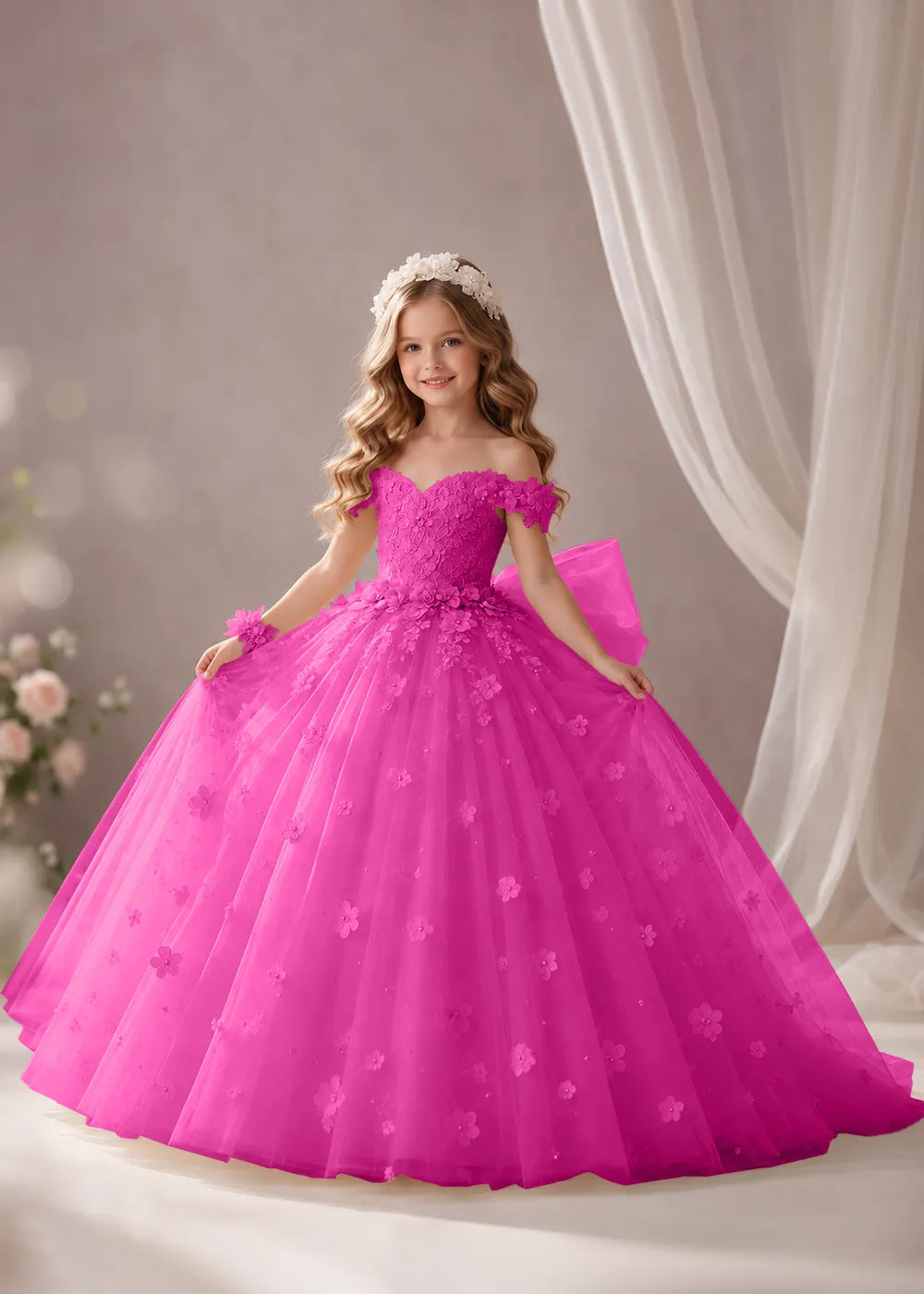 Pink Flower Girl Dress with Floral Appliques and a Full Skirt