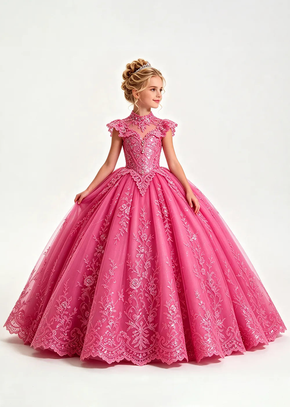 Navy Flower Girl Ball Gown with High Floral Collar
