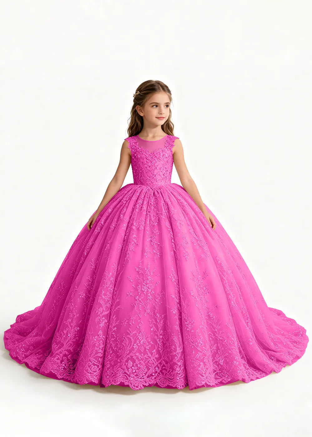 Navy Sleeveless Flower Girl Gown with Scalloped Train