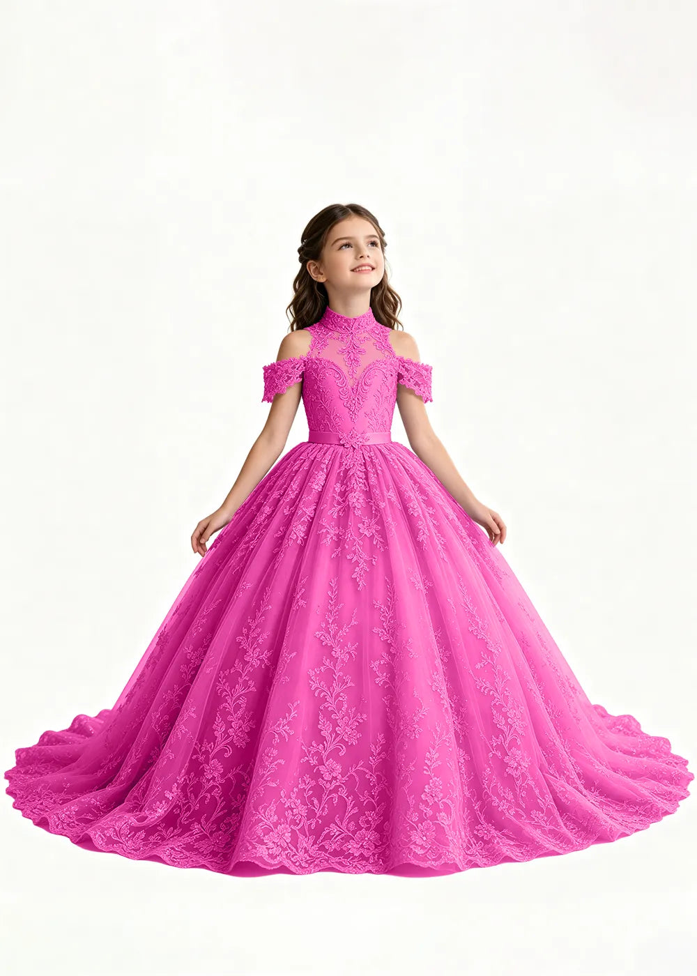 Navy Floral Flower Girl Gown with Open Shoulders