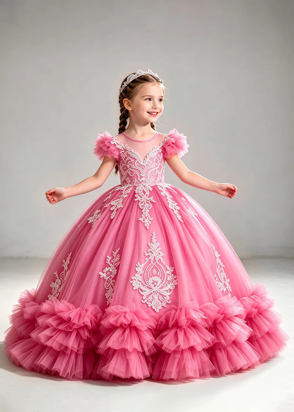 Navy Flower Girl Ball Gown with White Floral Appliqués