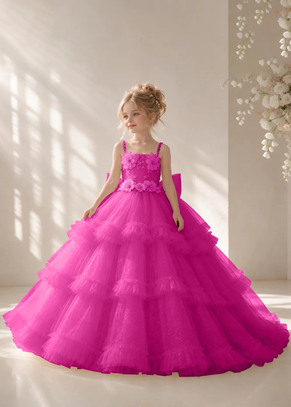 Front view of a child wearing a hot pink flower girl dress with beaded spaghetti straps, a bodice covered in three-dimensional fabric flowers and a multi-tiered tulle skirt.