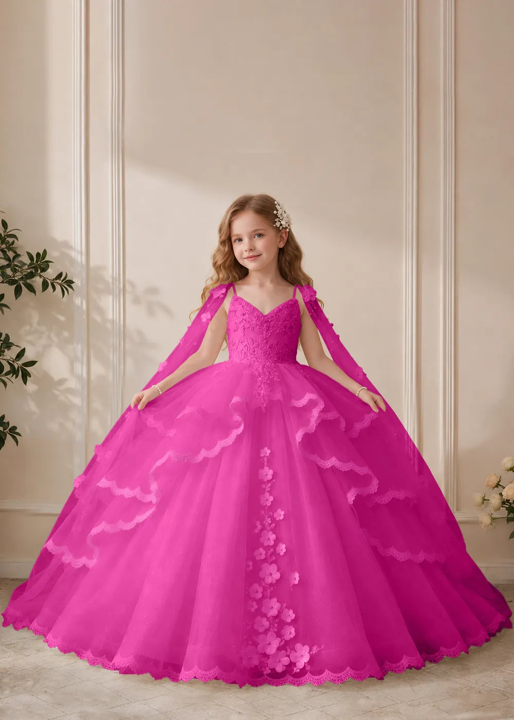 Dusty Rose Flower Girl Dress with Floral Lace and Shoulder Drapes
