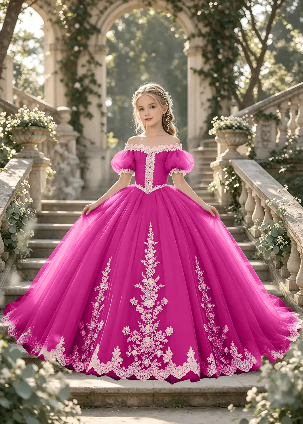 Flower girl dress in Hot Pink, front view.