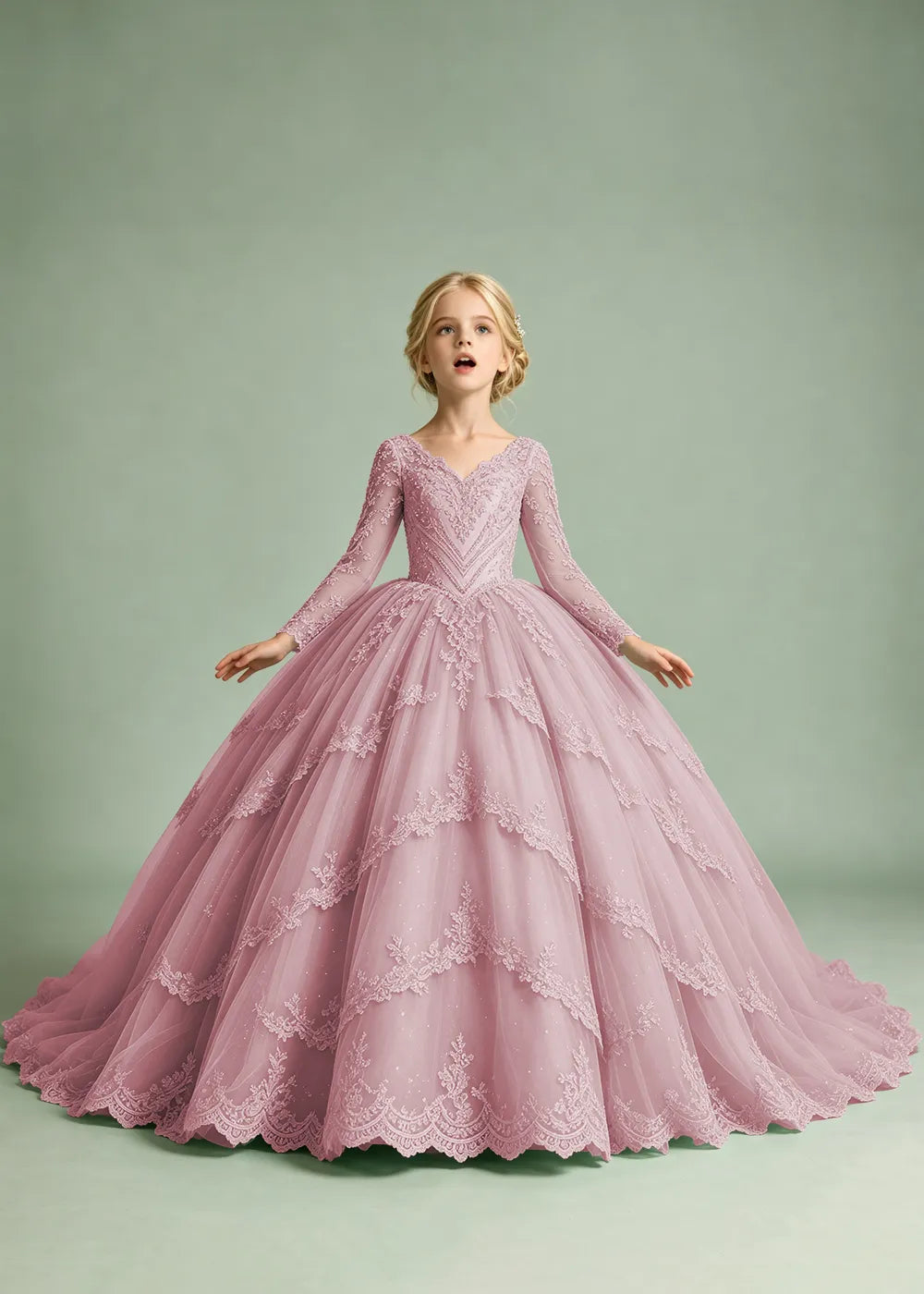Long Sleeve Floral Lace Princess Dress for Girls
