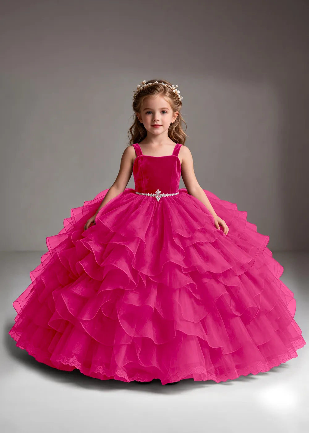 White Flower Girl Dress with Cascading Ruffles and a Square Neckline