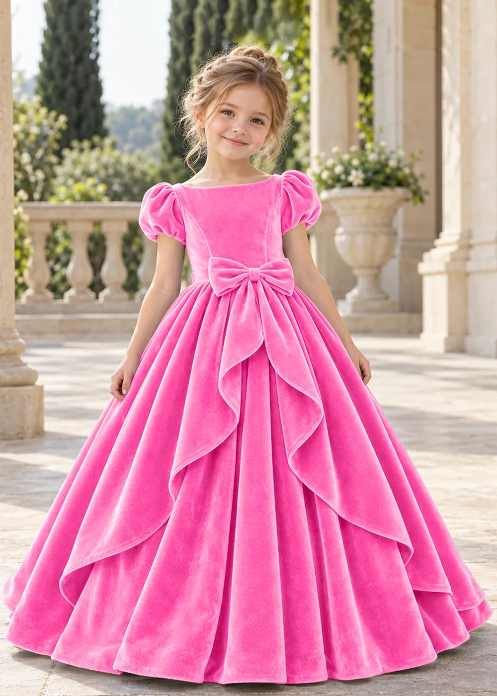 Front view of a child wearing a hot pink flower girl dress with a square neckline, short puff sleeves and a large velvet bow above a full tiered skirt.