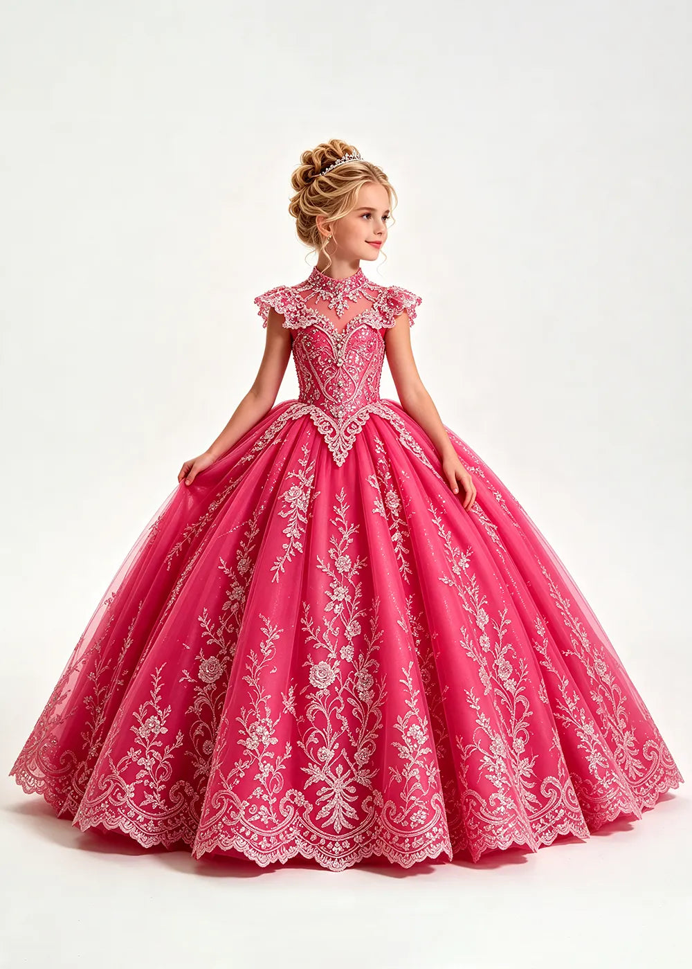 Navy Flower Girl Ball Gown with High Floral Collar