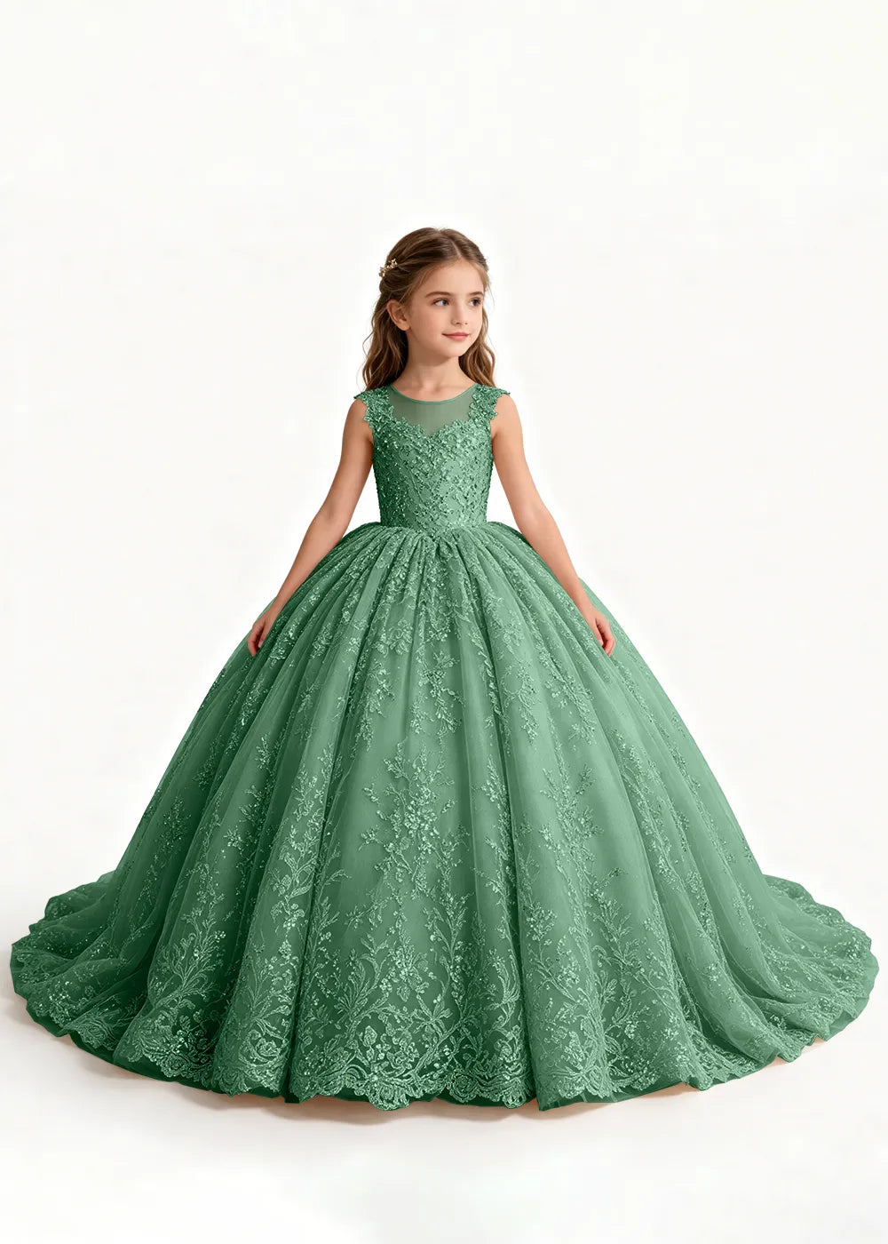 Navy Sleeveless Flower Girl Gown with Scalloped Train
