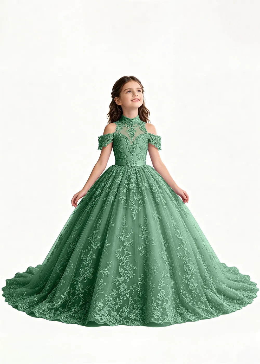 Navy Floral Flower Girl Gown with Open Shoulders