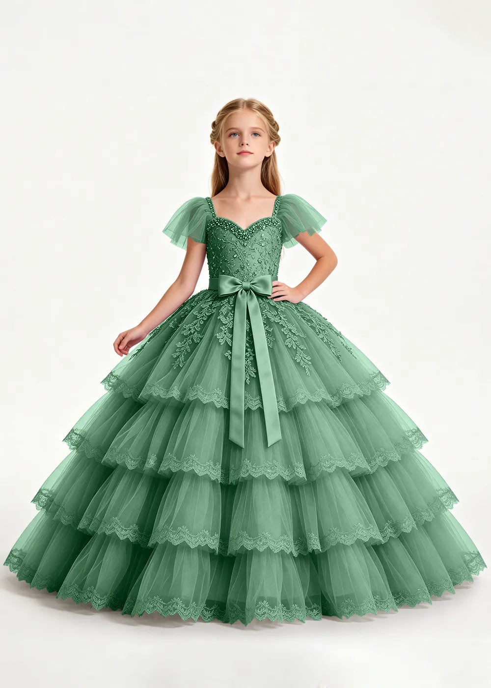 Navy Four-Tier Flower Girl Gown with Front Bow