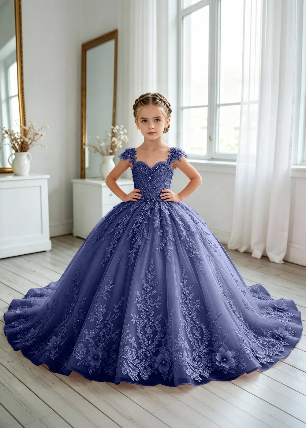 Floral V-Neck Lace Princess Dress for Girls