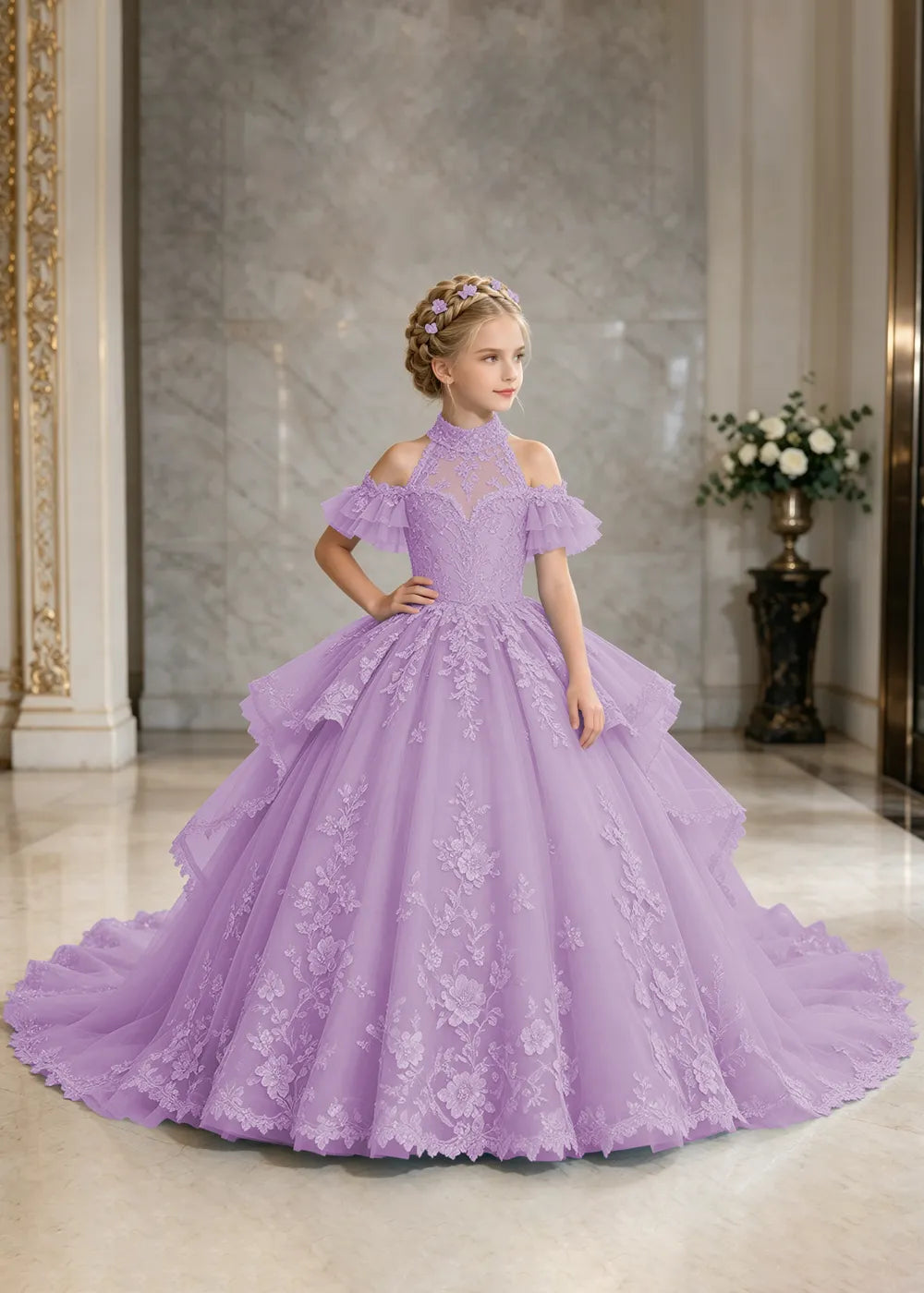 Illusion Neck Peplum Lace Flower Girl Ball Gown Dress