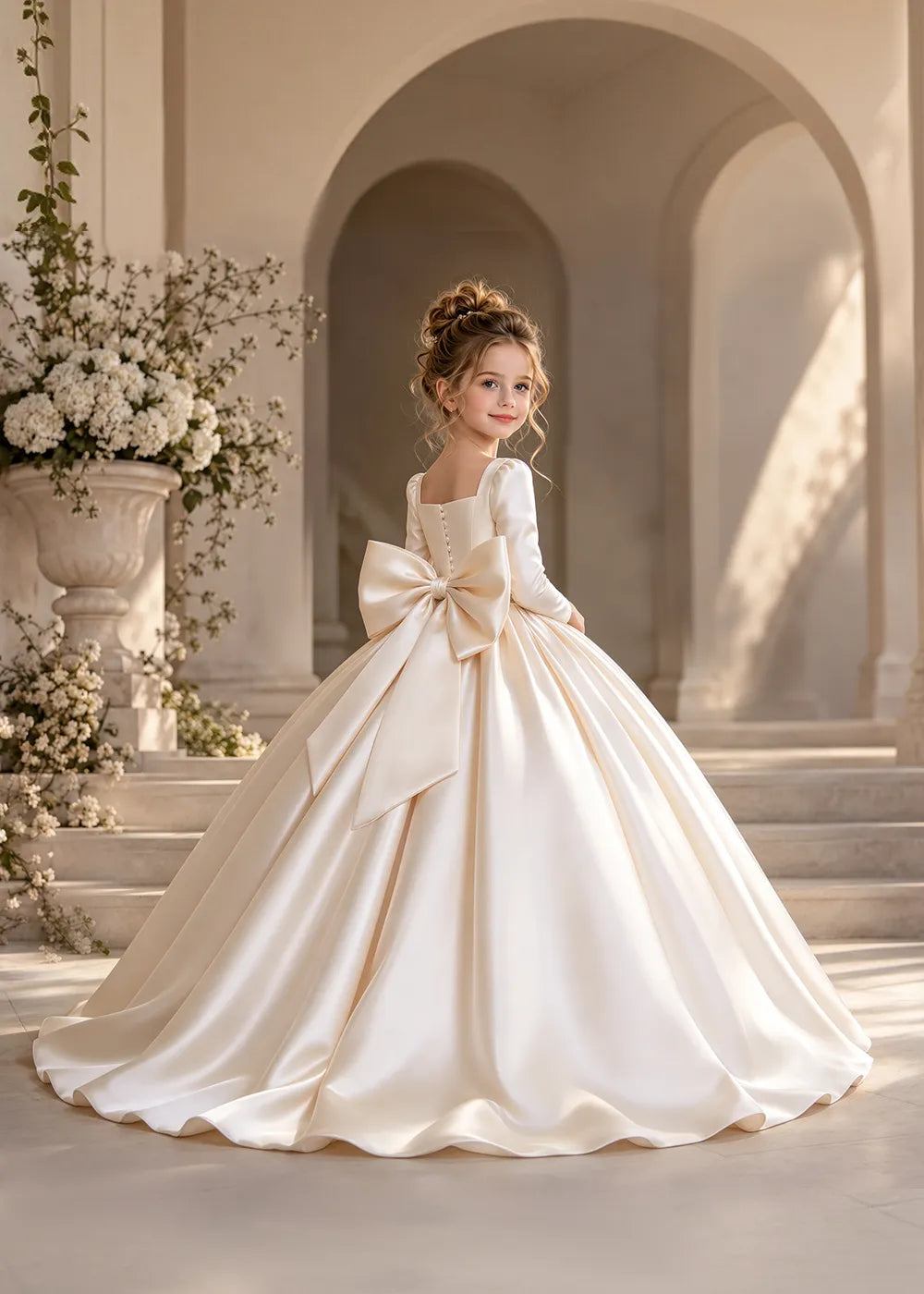 Ivory Long-Sleeve Flower Girl Dress with a Square Neckline and Bow