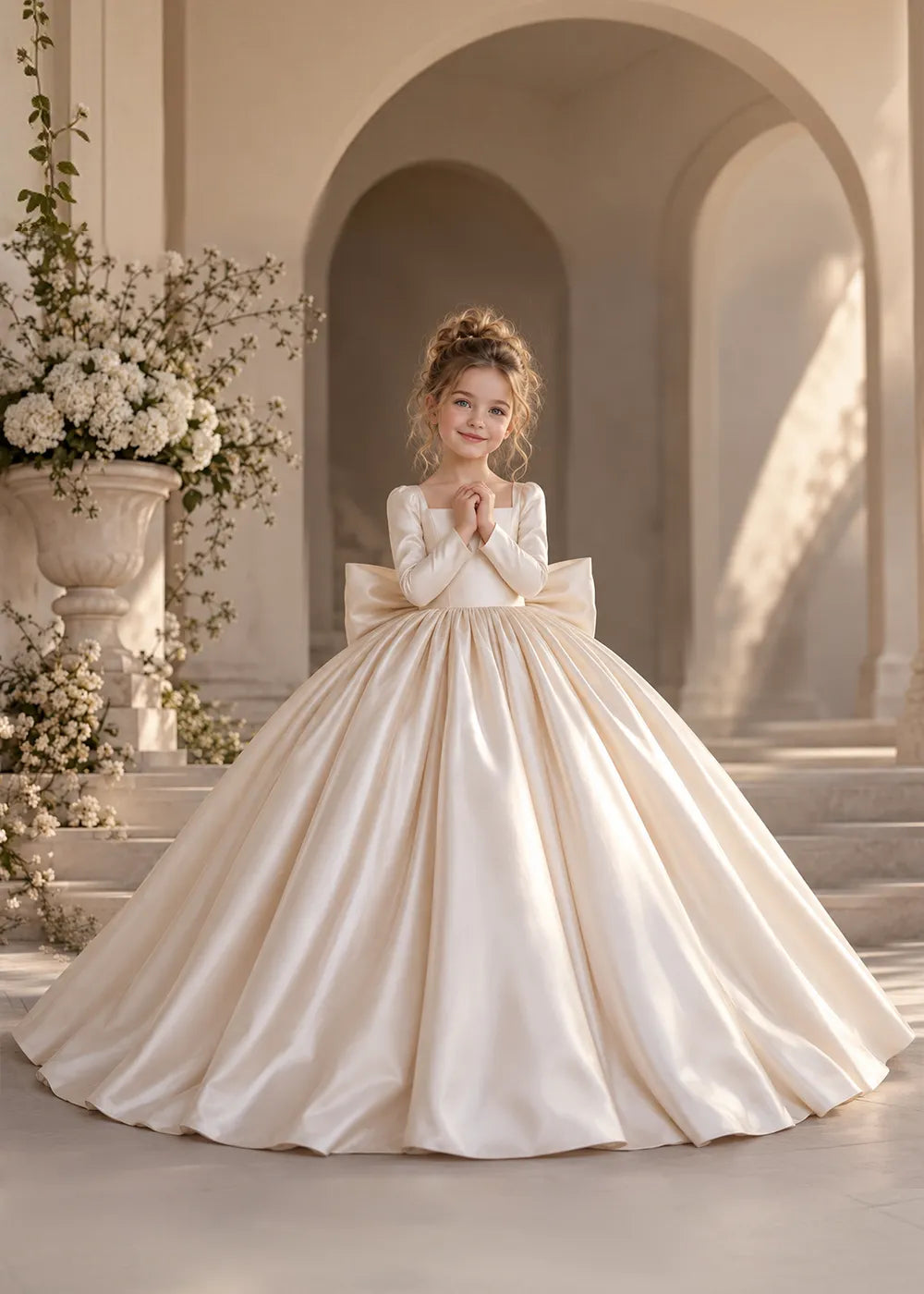 Ivory Long-Sleeve Flower Girl Dress with a Square Neckline and Bow