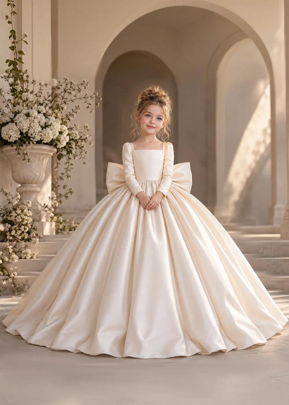 Ivory Long-Sleeve Flower Girl Dress with a Square Neckline and Bow