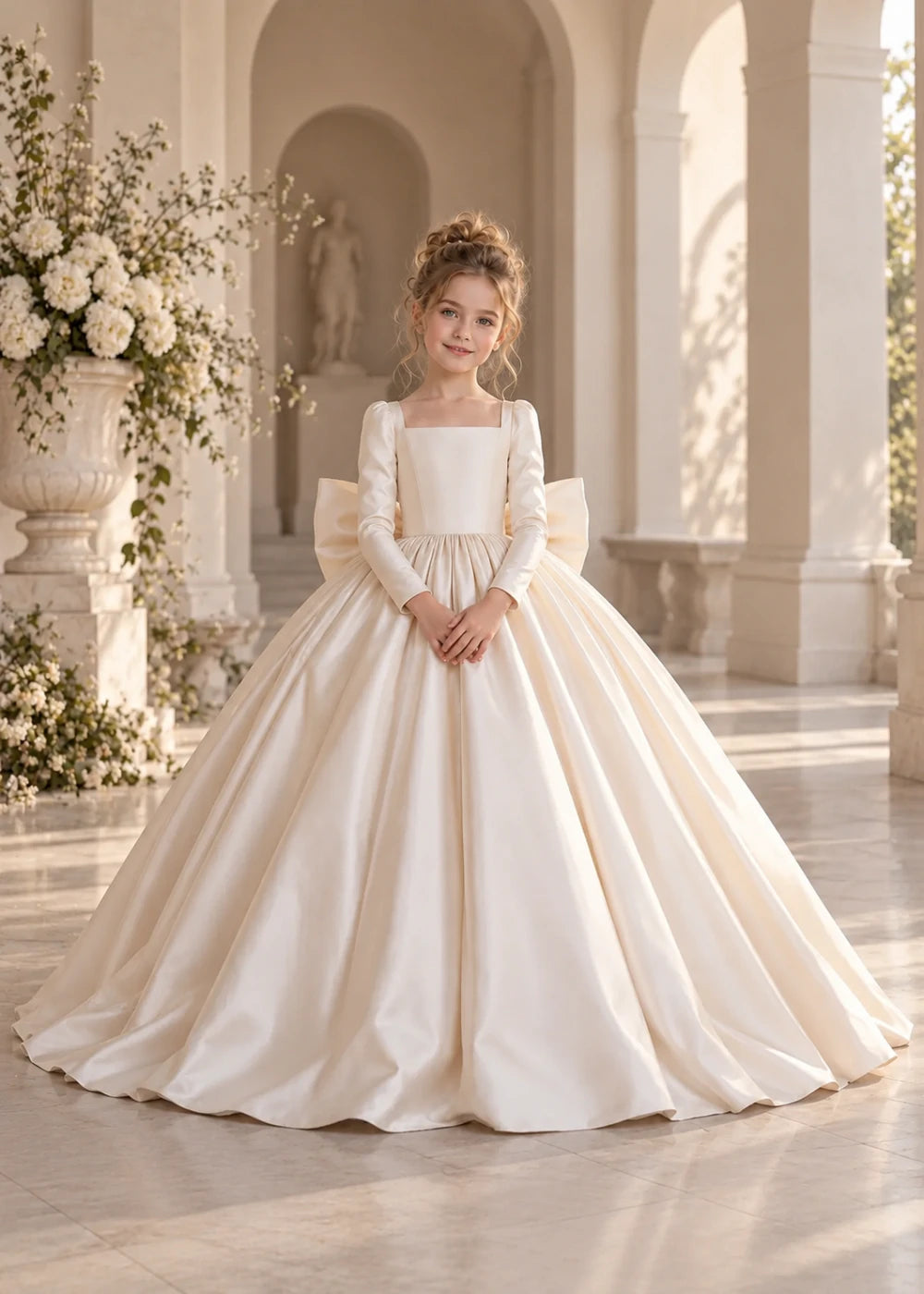 Ivory Long-Sleeve Flower Girl Dress with a Square Neckline and Bow