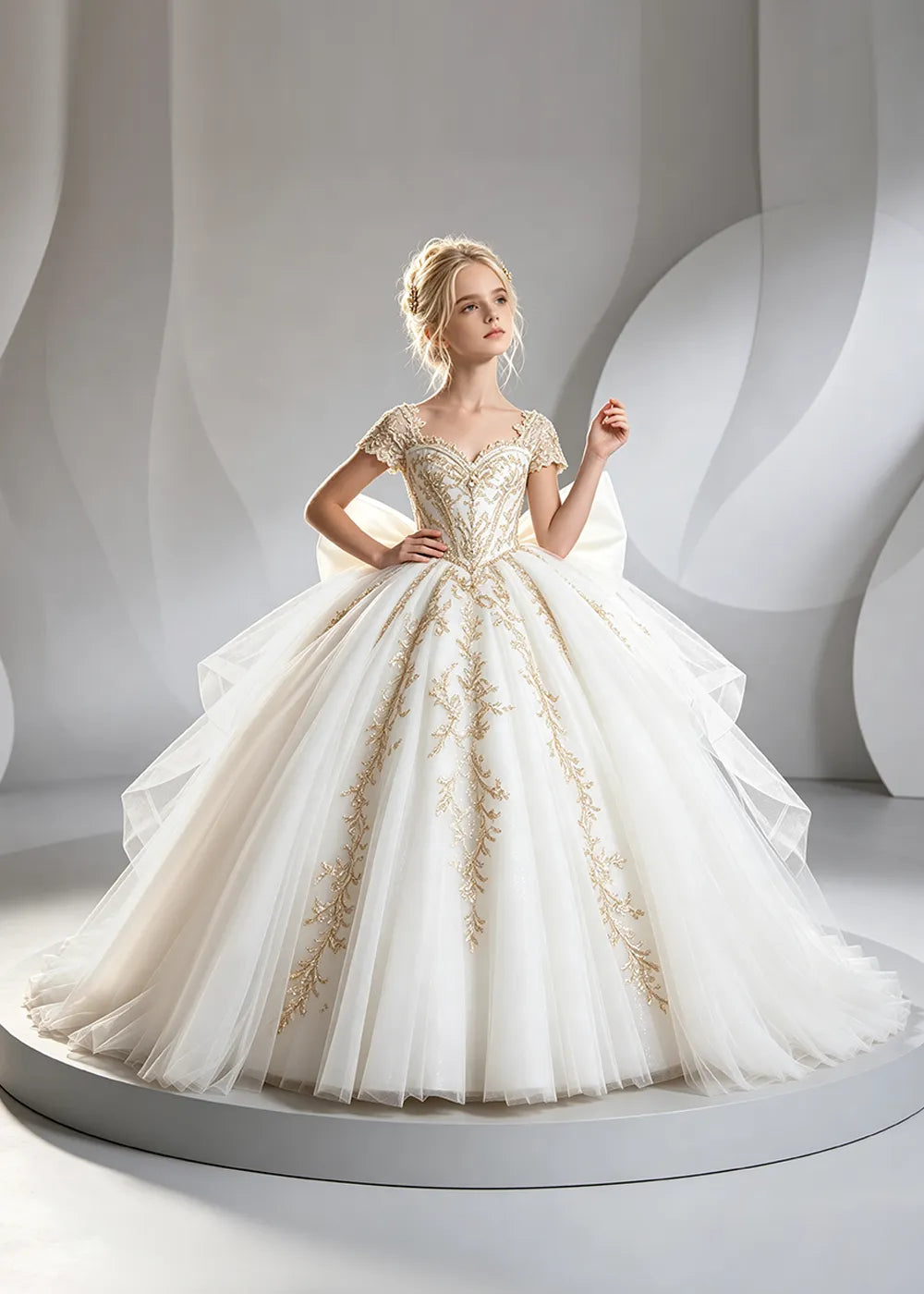 Cap Sleeve Sequin Bodice Flower Girl Dress with Bow and Gold Embroidery