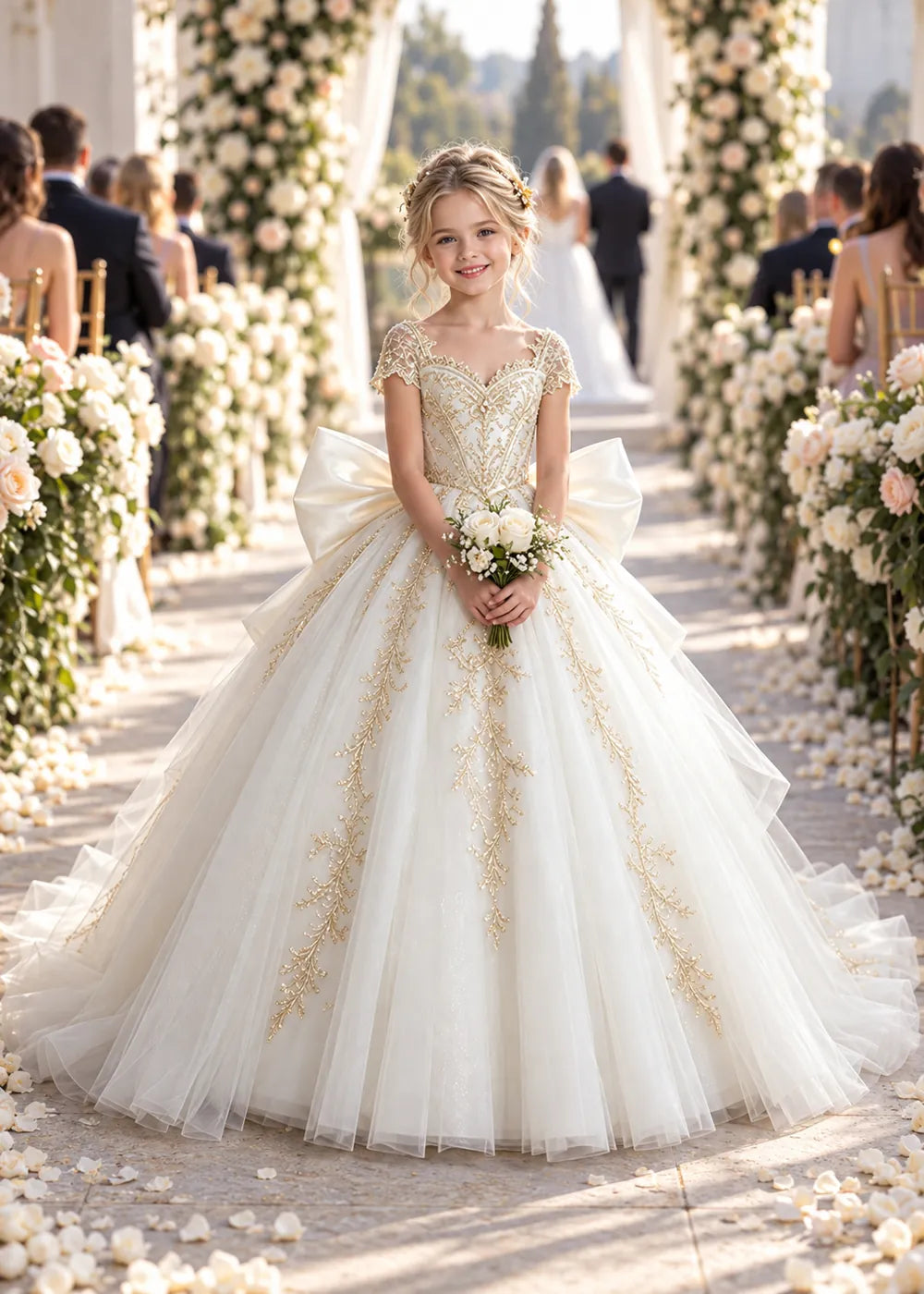 Cap Sleeve Sequin Bodice Flower Girl Dress with Bow and Gold Embroidery