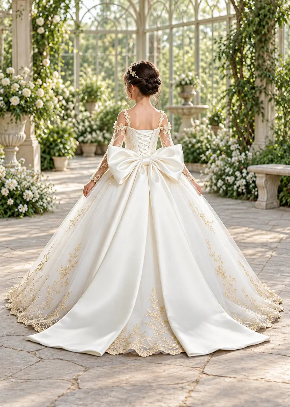 Ivory Gold Lace Flower Girl Dress with Floral Straps and Satin Bow