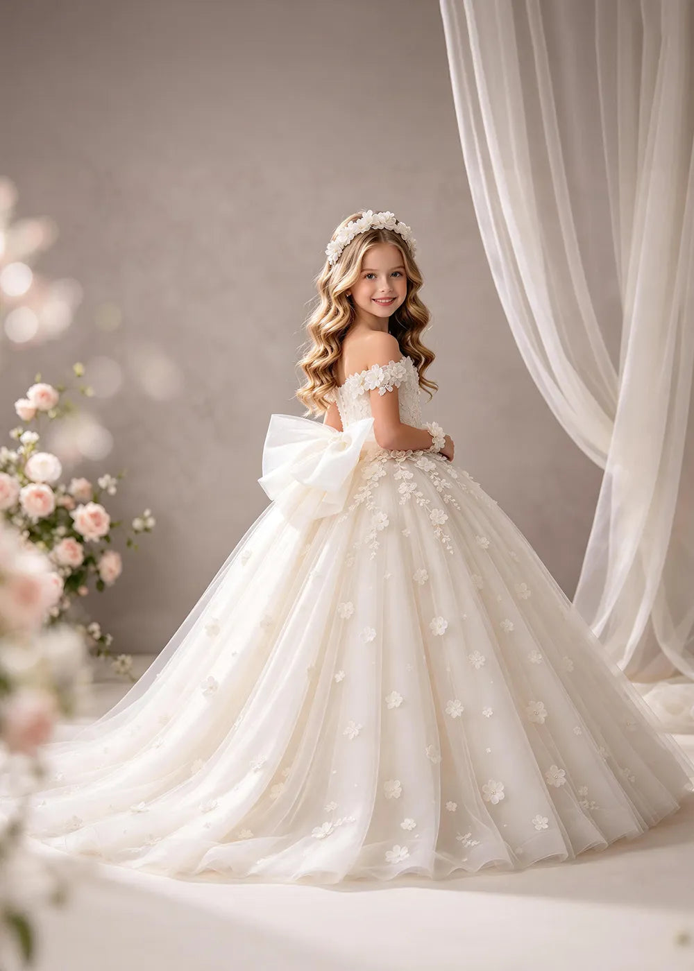 Ivory Flower Girl Dress with Off-Shoulder Florals and a Bow