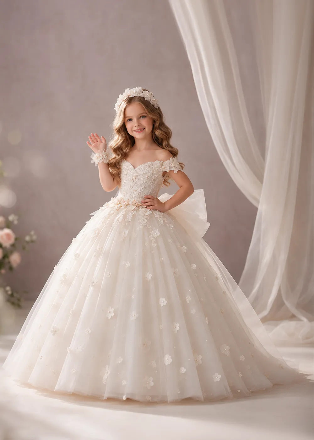 Ivory Flower Girl Dress with Off-Shoulder Florals and a Bow