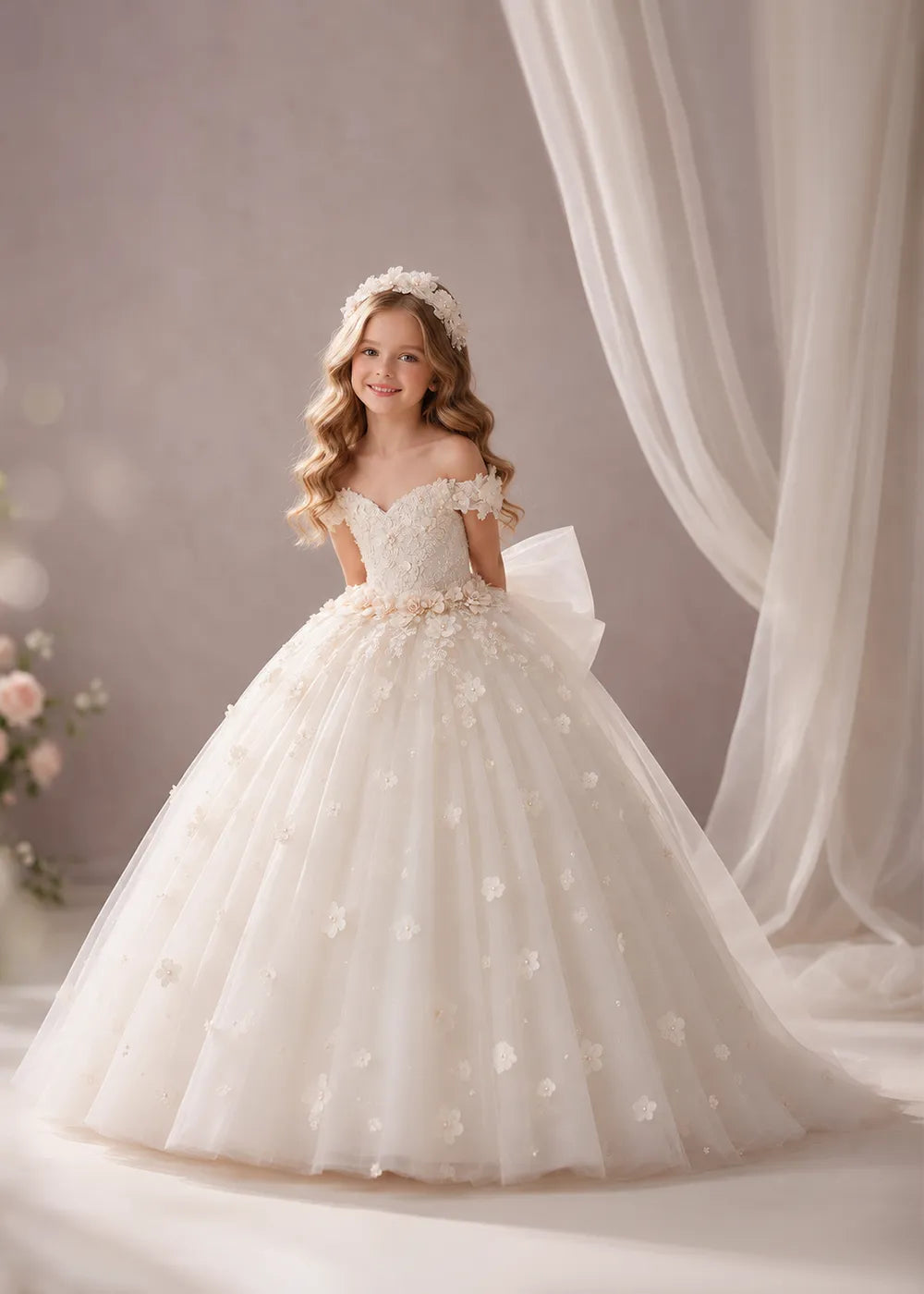 Ivory Flower Girl Dress with Off-Shoulder Florals and a Bow