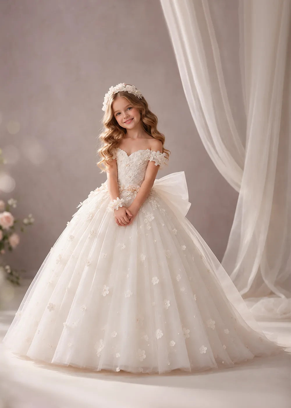 Ivory Flower Girl Dress with Off-Shoulder Florals and a Bow