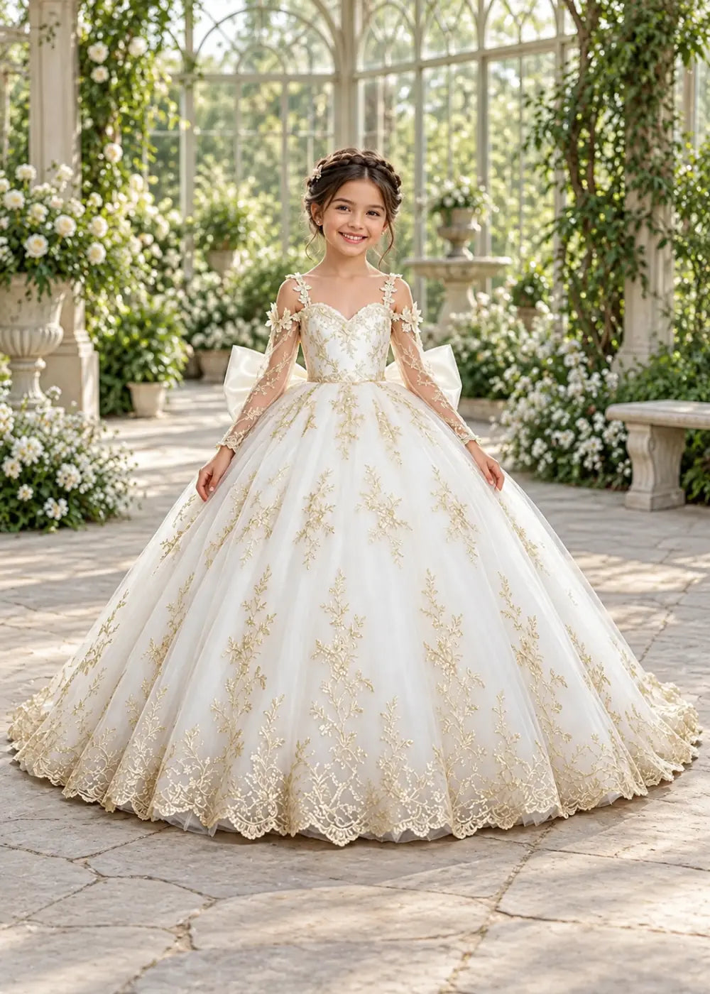 Ivory Gold Lace Flower Girl Dress with Floral Straps and Satin Bow