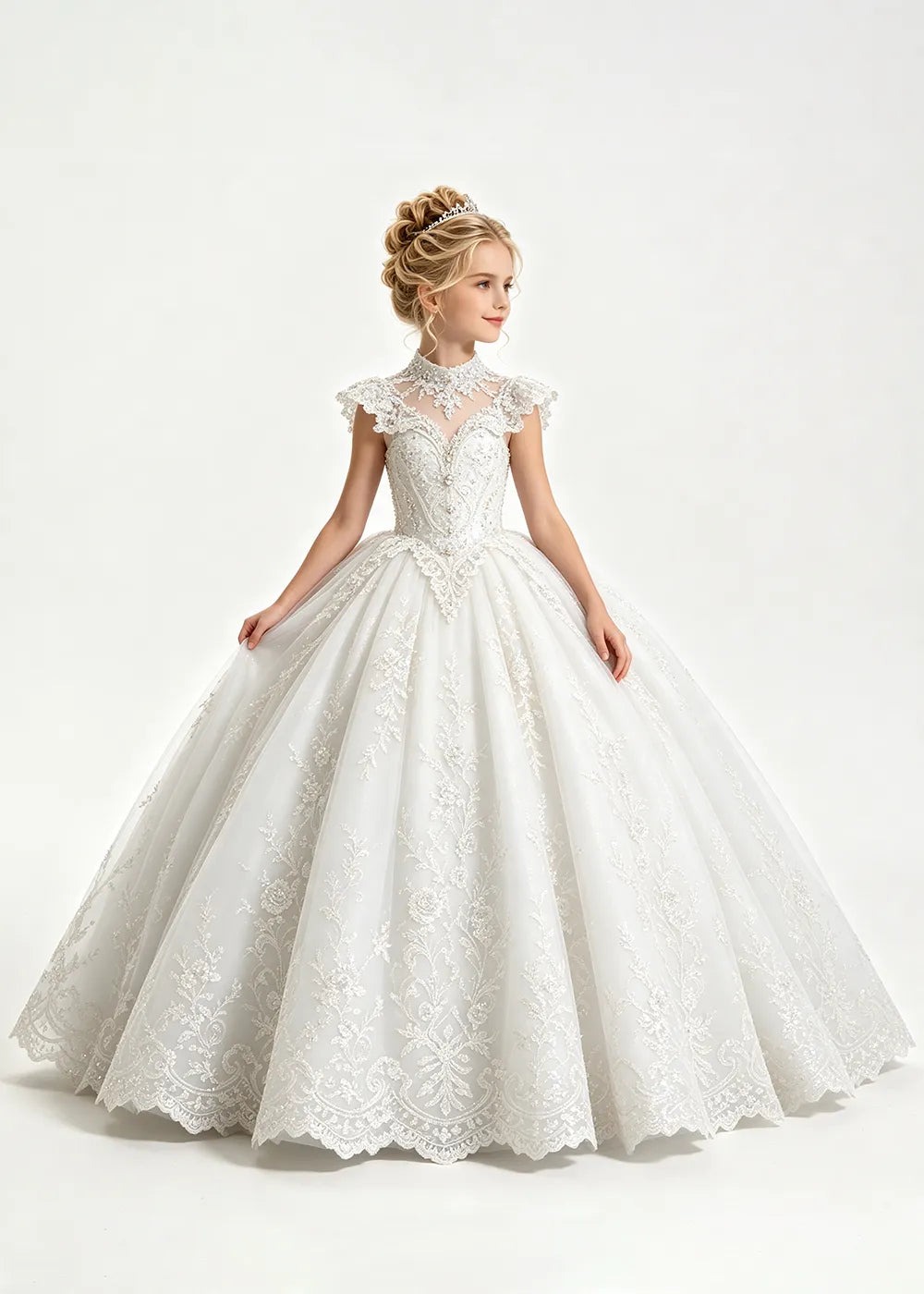 Pale Silver-Gray Blue Flower Girl Ball Gown with High Floral Collar