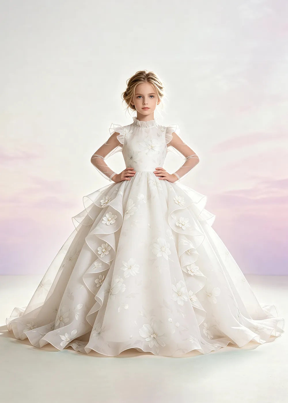 Blush Pink Floral Ruffle-Collar Flower Girl Dress