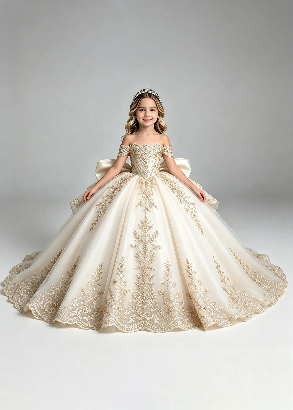 Off-Shoulder Lace Flower Girl Dress with Bow and Scalloped Hem