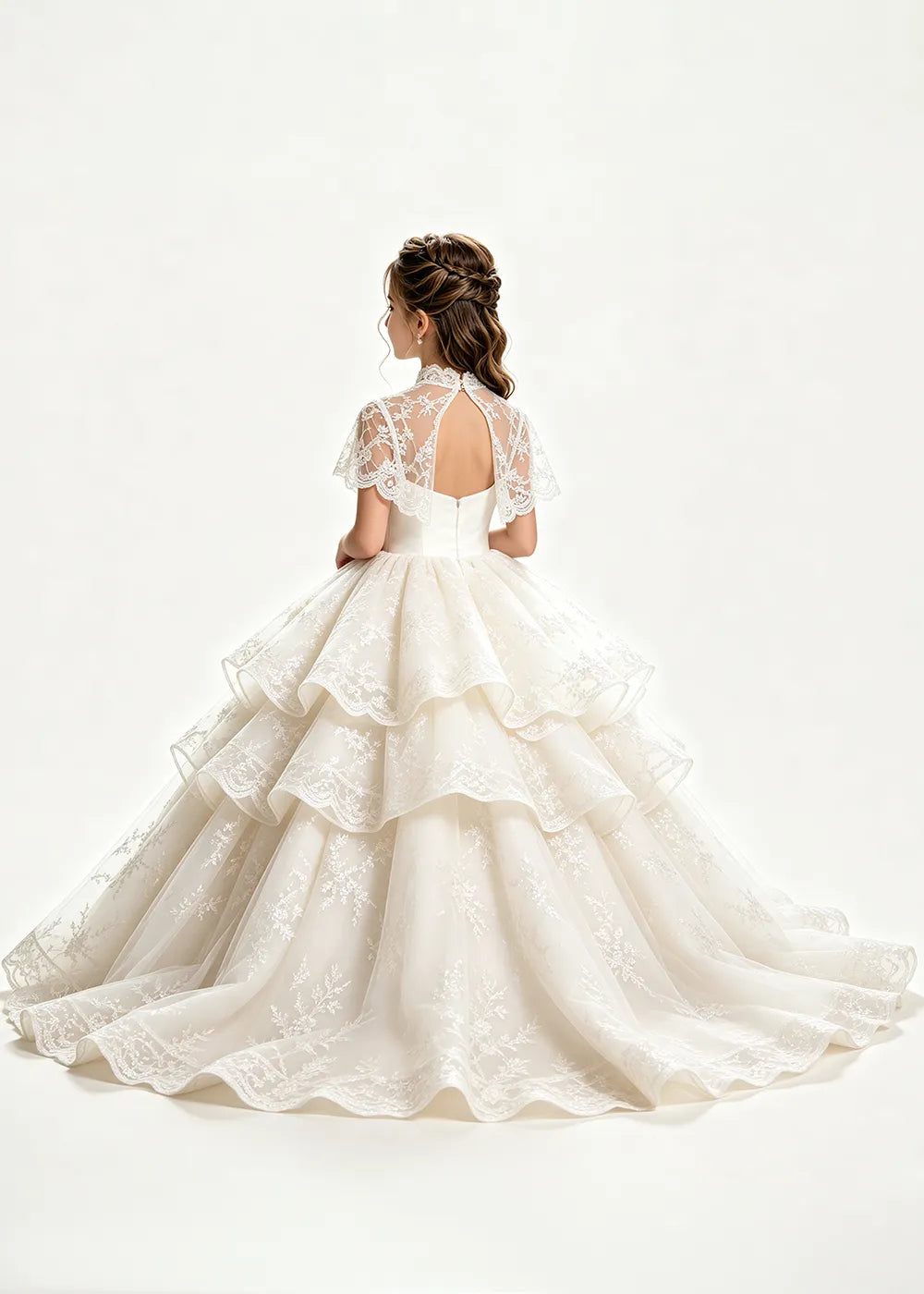 Flower girl dress in Ivory, back view.