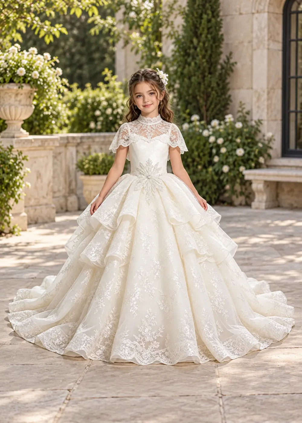 Flower girl dress in Ivory, front view.